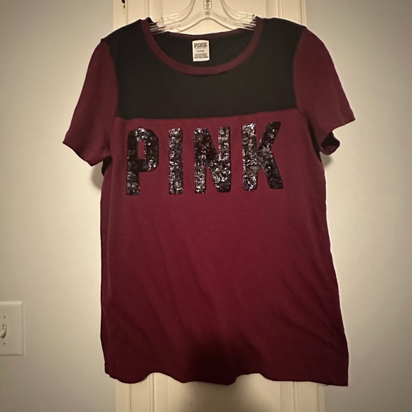 PINK Victoria's Secret Tops - PINK Victoria's Secret Burgundy and Black Short Sleeve Tee